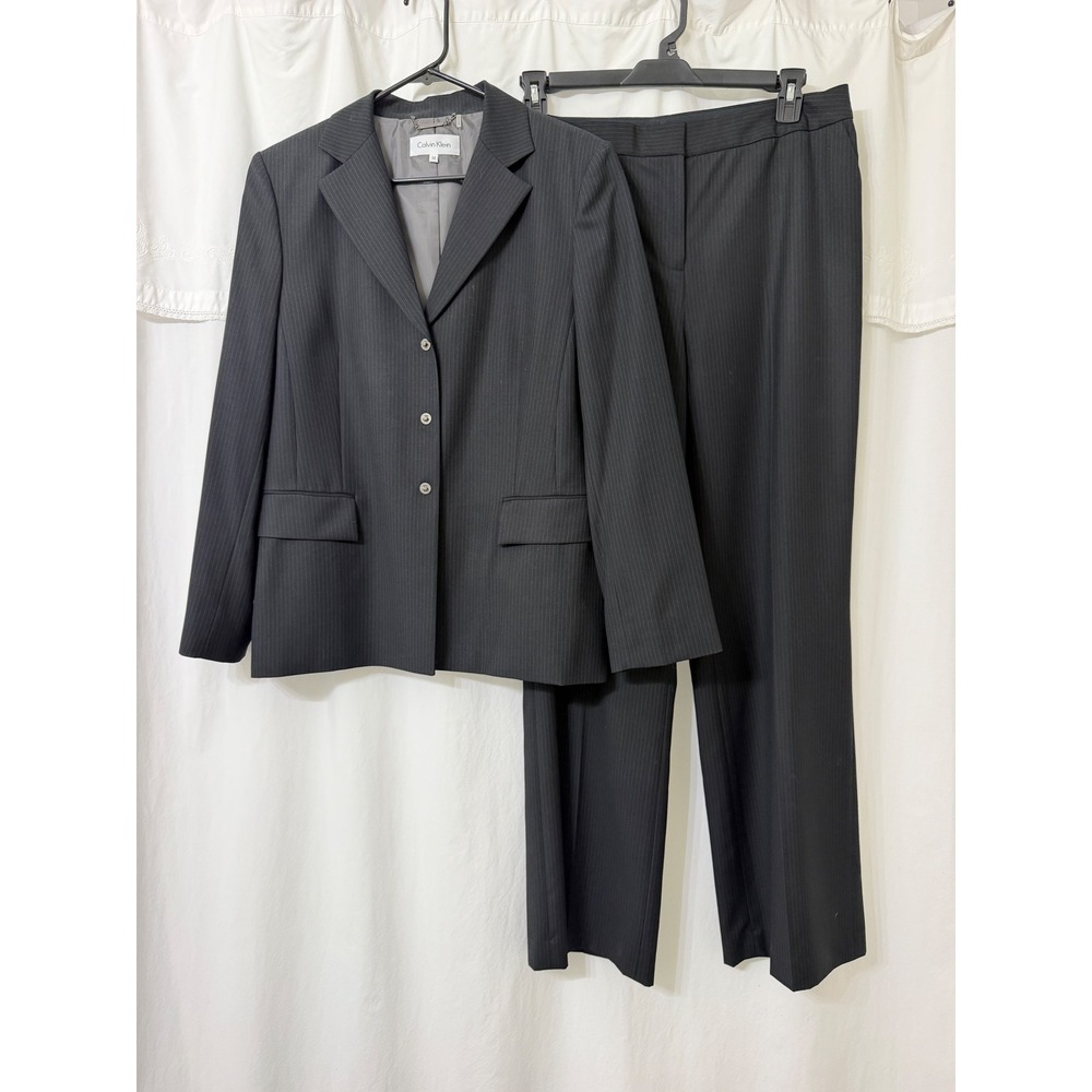 Calvin Klein Y2K Womens Pinstripe Pant Suit Black Turn-Lock Blazer Size 14 NWT